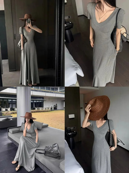 Street Style Women’s Dress – Slimming V-Neck High Waist A-Line Dress