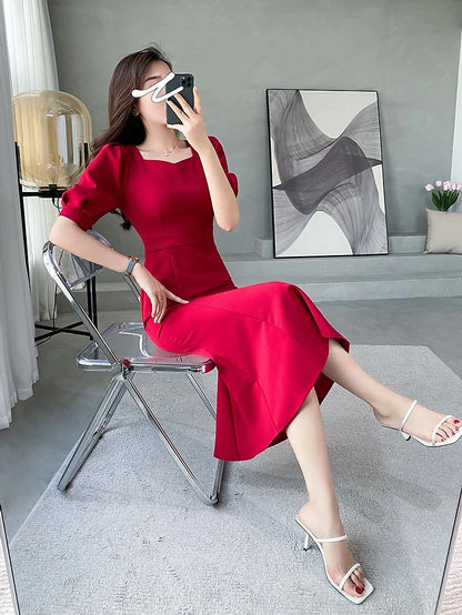Fashionable Summer Dress – Slim Fit Square Collar Bubble Sleeve