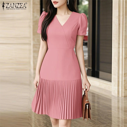Women’s Summer Pleated Dress – V-Neck Puff Sleeve Party Dress