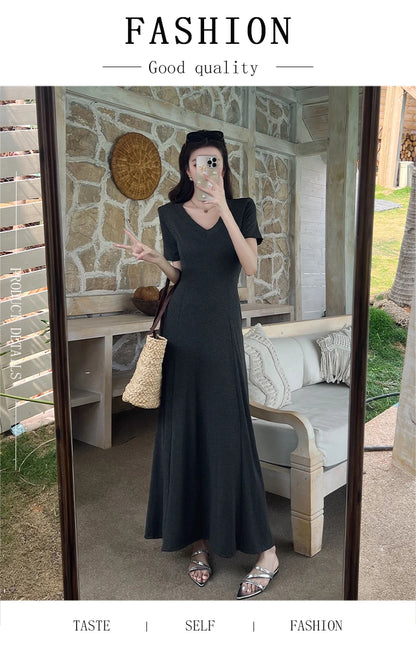 Casual Summer Dress – V-Neck Slim Waist Flared Skirt for Women