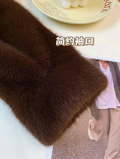 Golden Mink Lined Faux Fur Coat – Short Stand Collar Winter Jacket