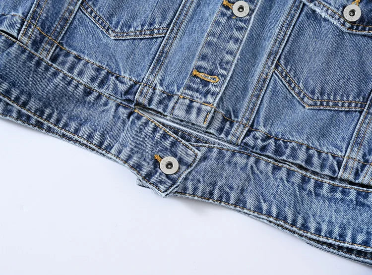 Short Denim Jacket for Women – Black Lapel Long Sleeve Fashion Coat