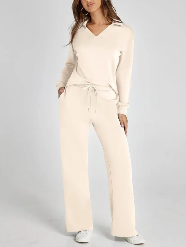 Spring Women’s Outfit – Loose V-Neck Top with Drawstring + Flared Trousers