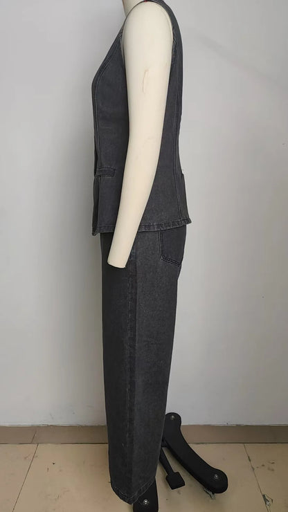 Trendy Two-Piece Set – Sleeveless Darted Vest with Wide-Leg Trousers