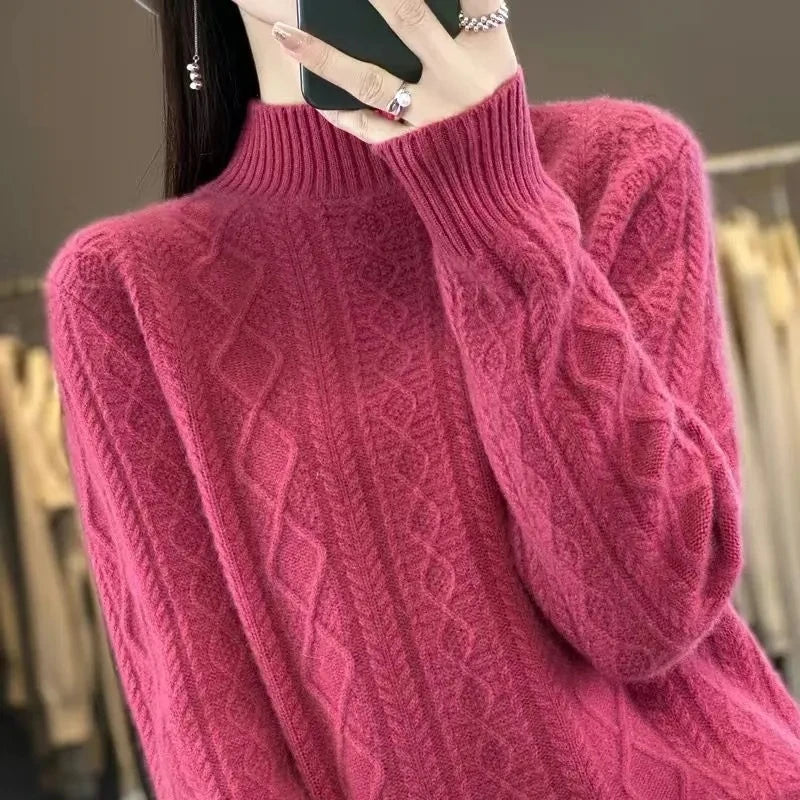 Korean Style Women’s Sweater – 100% Merino Wool Turtleneck Top