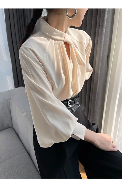 Fashion Spring Blouse – Hollow Puff Sleeve Solid Color Women’s Top