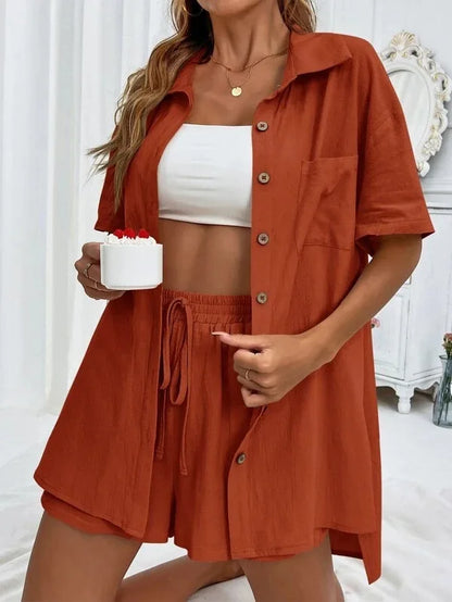 Fashionable Women’s 2-Piece Set – Single-Breasted Top & Wide Shorts