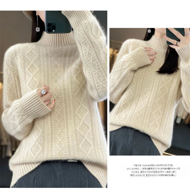 Korean Style Women’s Sweater – 100% Merino Wool Turtleneck Top