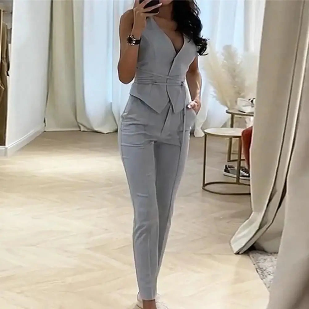 Office Lady 2 Pcs Set – Sleeveless Waistcoat & Straight Pants with Tie Belt