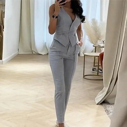 Office Lady 2 Pcs Set – Sleeveless Waistcoat & Straight Pants with Tie Belt