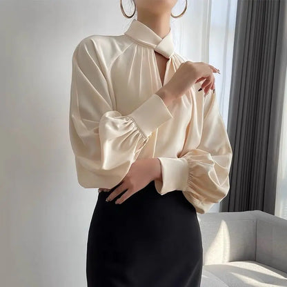 Fashion Spring Blouse – Hollow Puff Sleeve Solid Color Women’s Top