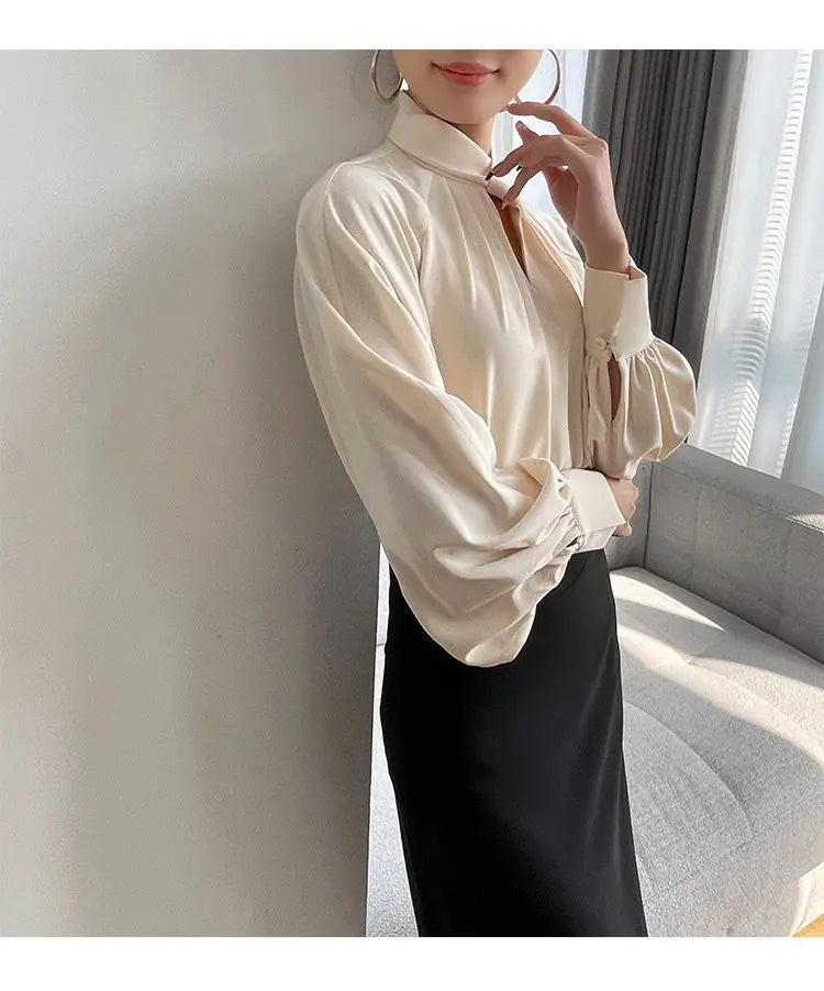 Fashion Spring Blouse – Hollow Puff Sleeve Solid Color Women’s Top