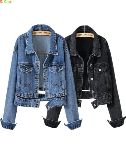 Short Denim Jacket for Women – Black Lapel Long Sleeve Fashion Coat