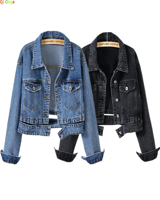 Short Denim Jacket for Women – Black Lapel Long Sleeve Fashion Coat