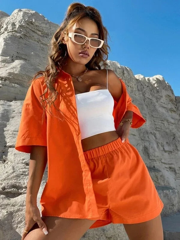 Fashionable Women’s 2-Piece Set – Single-Breasted Top & Wide Shorts