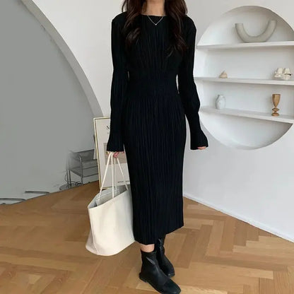 Elegant Women’s Dress – Korean Chic Long Sleeve Pleated Skirt Dress