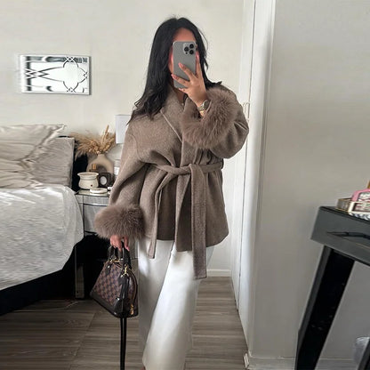 Elegant Woolen Coat – Women’s Full Sleeve Loose Short Coat with Belt