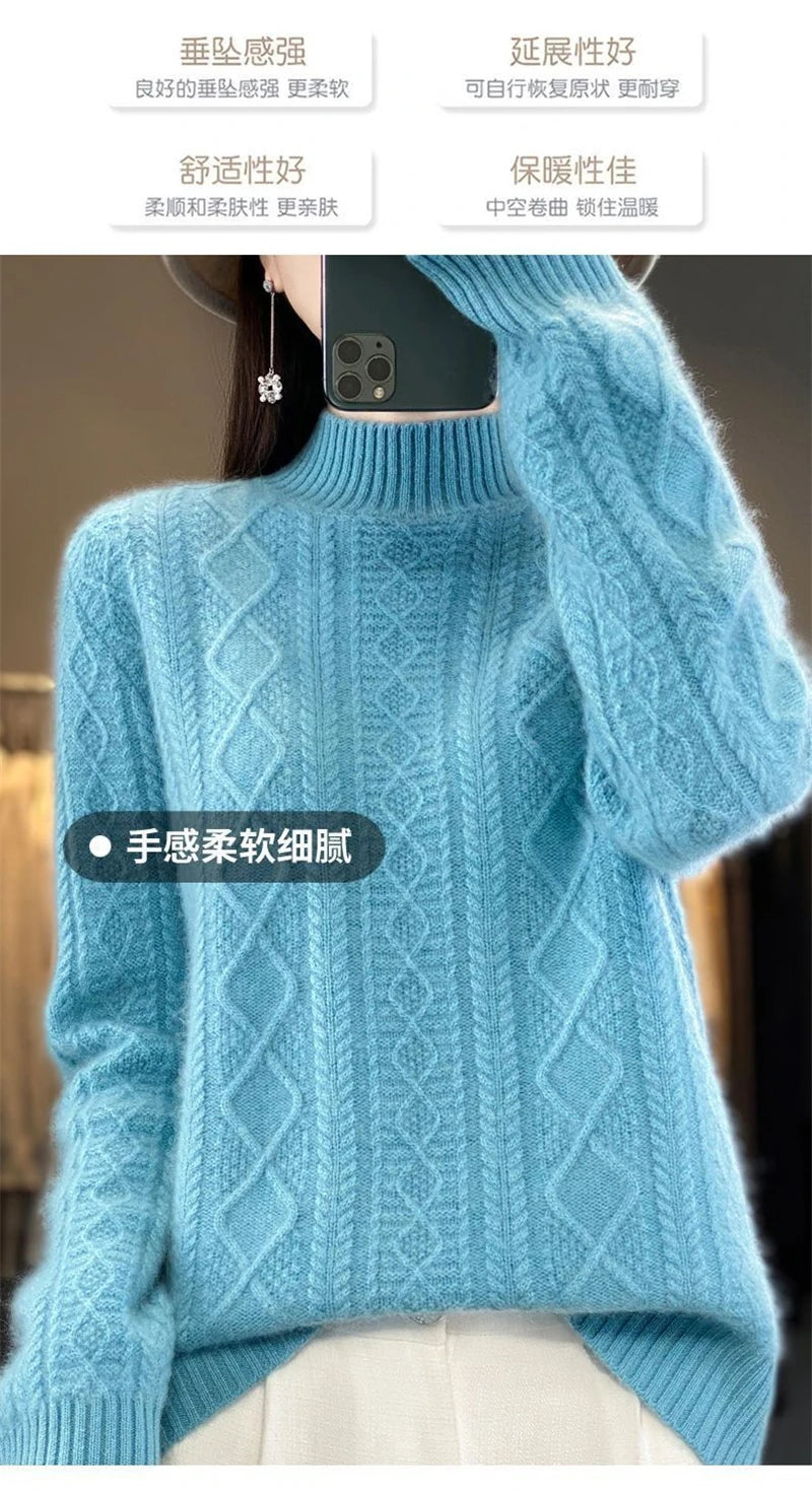 Korean Style Women’s Sweater – 100% Merino Wool Turtleneck Top
