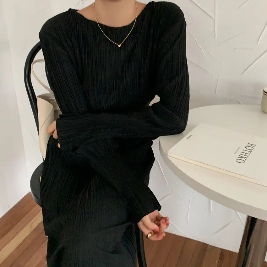 Elegant Women’s Dress – Korean Chic Long Sleeve Pleated Skirt Dress