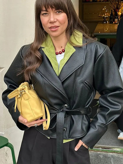 Short Faux Leather Jacket – Women’s Pockets Belt Turn-down Collar Coat