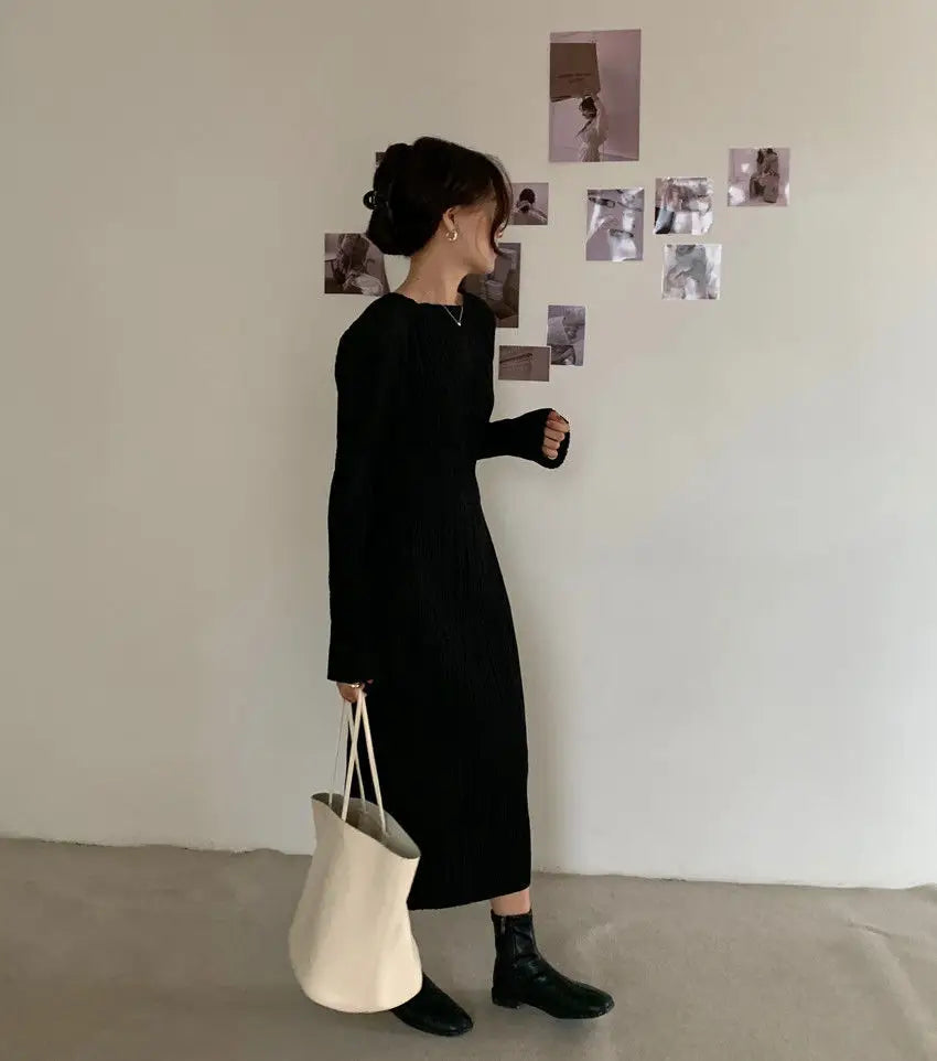 Elegant Women’s Dress – Korean Chic Long Sleeve Pleated Skirt Dress