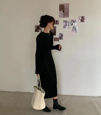 Elegant Women’s Dress – Korean Chic Long Sleeve Pleated Skirt Dress