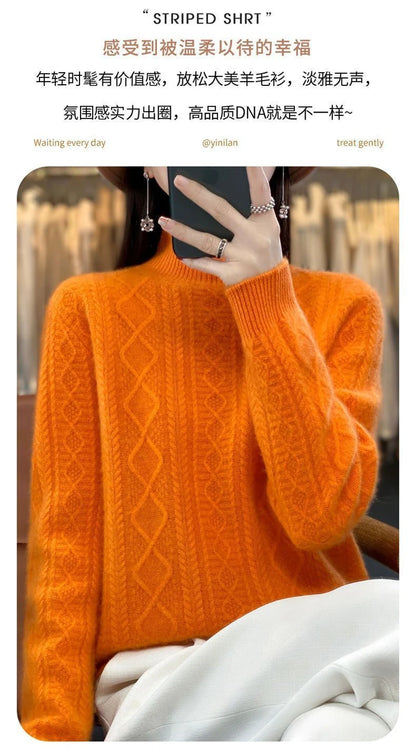 Korean Style Women’s Sweater – 100% Merino Wool Turtleneck Top