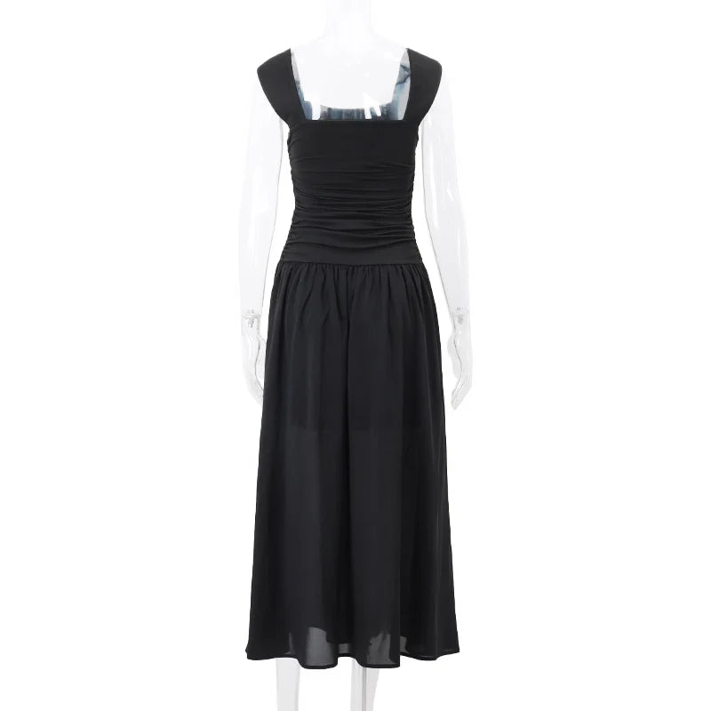 Casual Elegant Summer Dress – High-Waist Solid Ruched Maxi Dress