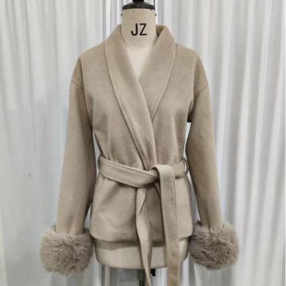 Elegant Woolen Coat – Women’s Full Sleeve Loose Short Coat with Belt