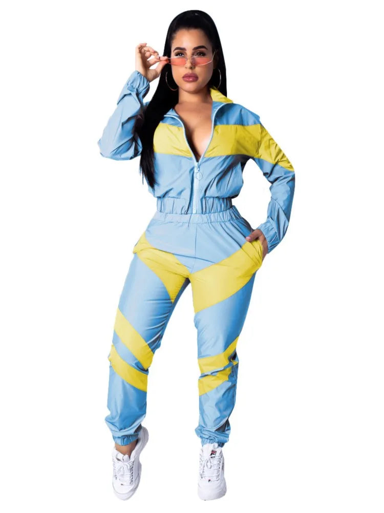 Casual Sports Set – Women’s Color-Block Windbreaker with Joggers
