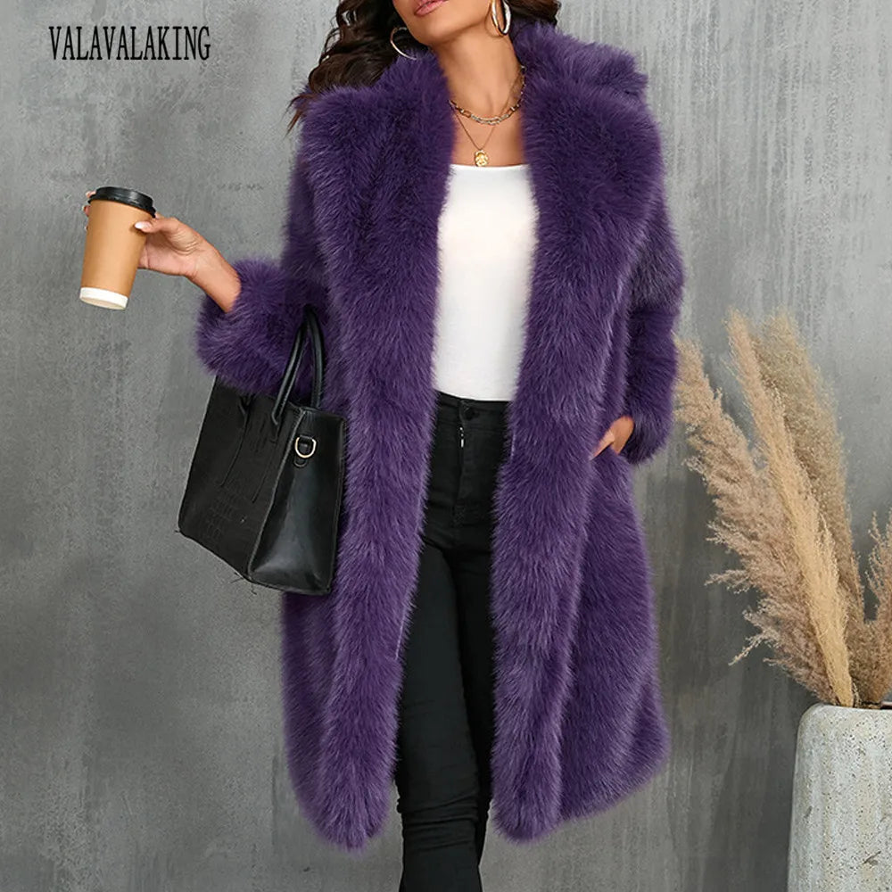 Plus Size Faux Fur Long Coat – Women’s Winter Thick Fluffy Jacket