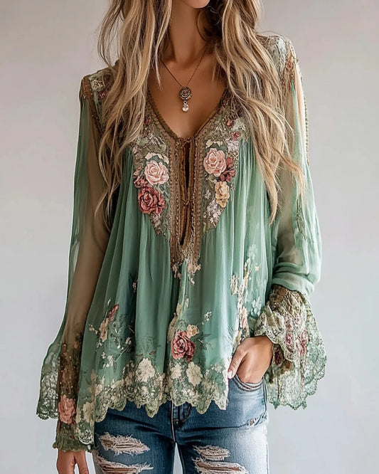 Trendy & Stylish – Asymmetrical Hem Floral V-Neck Shirt