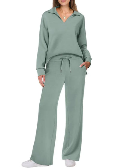 Spring Women’s Outfit – Loose V-Neck Top with Drawstring + Flared Trousers