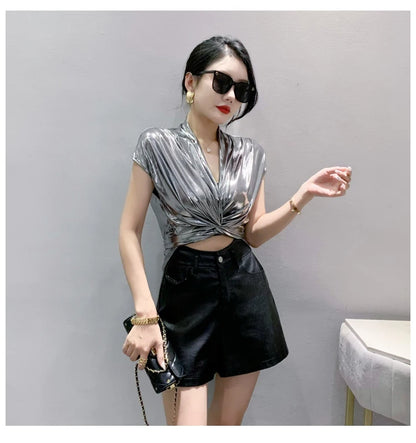 Shine & Chic – Metallic Short Sleeve Wrap Top for Women