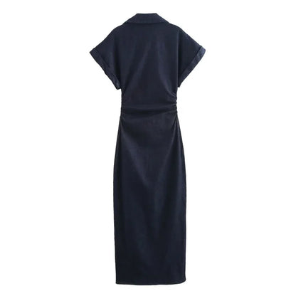 Fashionable Women’s Midi Dress – Lapel Denim Slim Waist Dress