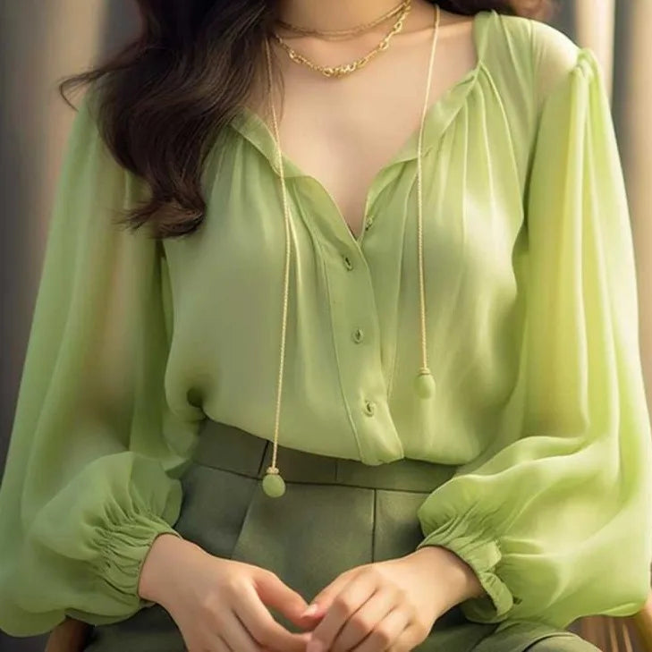 Trendy Women’s Chiffon Top – Korean Style Slim Fit Long Sleeve
