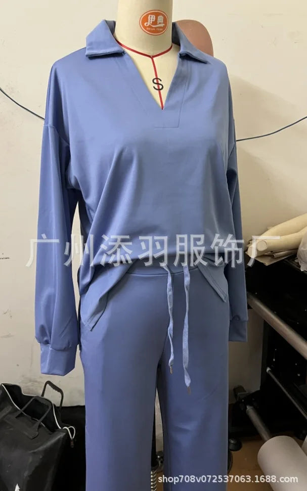 Spring Women’s Outfit – Loose V-Neck Top with Drawstring + Flared Trousers