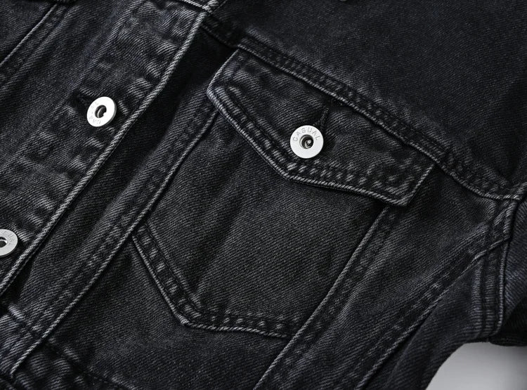 Short Denim Jacket for Women – Black Lapel Long Sleeve Fashion Coat