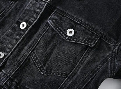 Short Denim Jacket for Women – Black Lapel Long Sleeve Fashion Coat