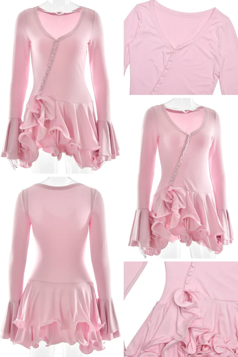 Absobe Ruffle Mini Dress - V-Neck A-Line Bodycon with Asymmetrical Buttons