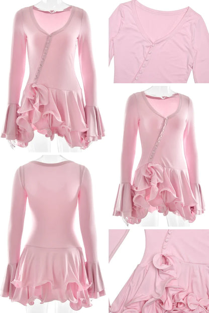 Absobe Ruffle Mini Dress - V-Neck A-Line Bodycon with Asymmetrical Buttons