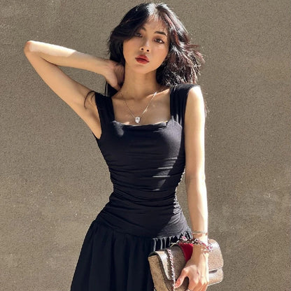 Casual Elegant Summer Dress – High-Waist Solid Ruched Maxi Dress