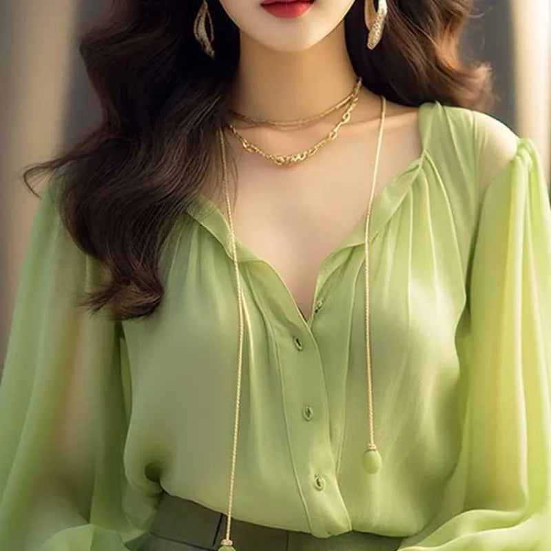 Trendy Women’s Chiffon Top – Korean Style Slim Fit Long Sleeve