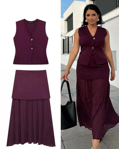 Wine Red Knitted Vest & High Waist Long Skirt – TRAFZA 2025 Women’s Set