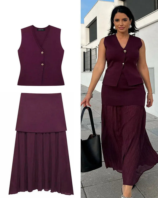 Wine Red Knitted Vest & High Waist Long Skirt – TRAFZA 2025 Women’s Set