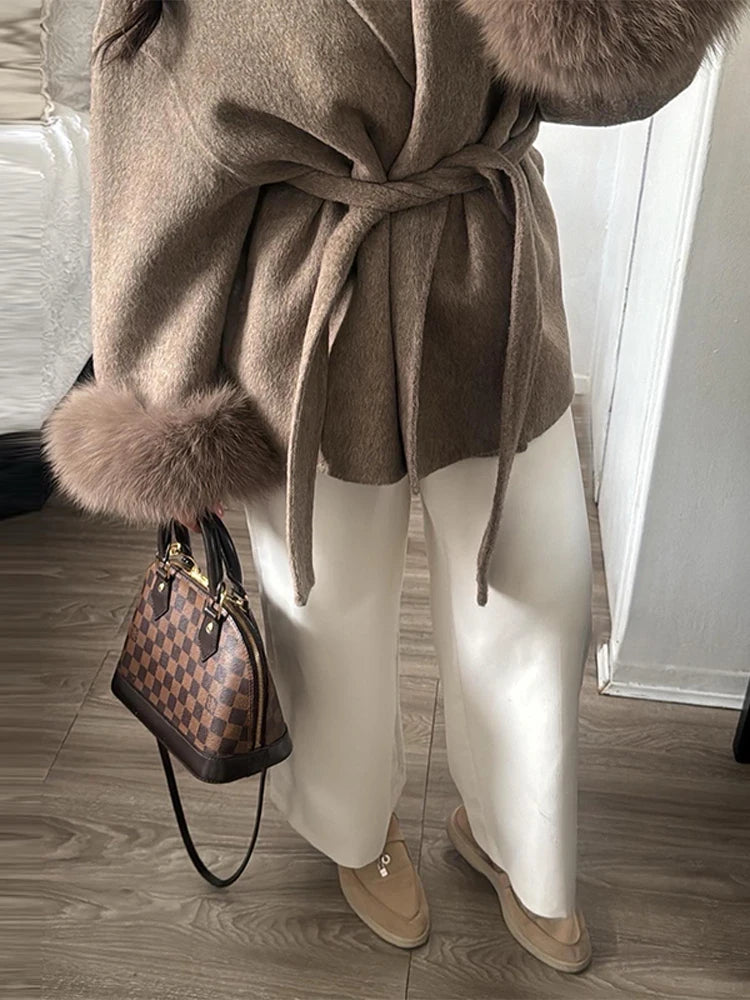 Elegant Woolen Coat – Women’s Full Sleeve Loose Short Coat with Belt