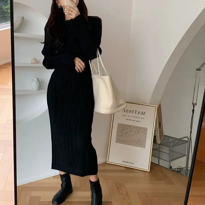 Elegant Women’s Dress – Korean Chic Long Sleeve Pleated Skirt Dress