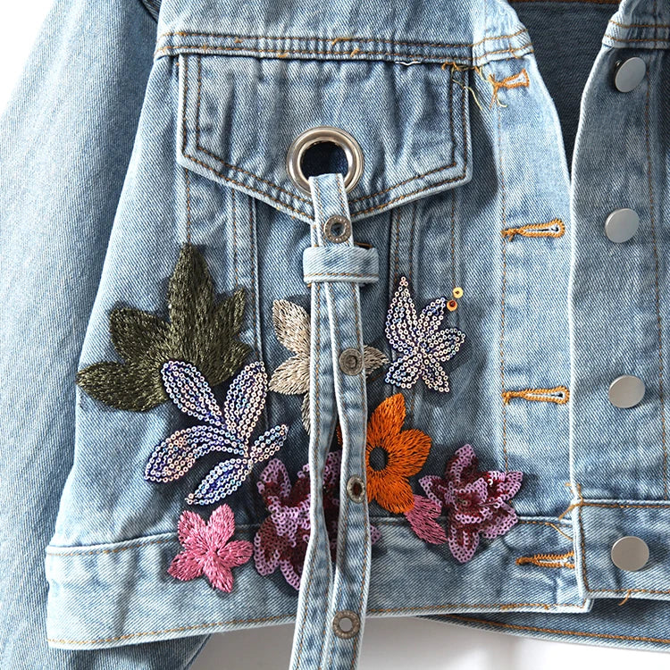Floral Beaded Denim Jacket – Women’s Cowboy Cardigan Top with Ribbons