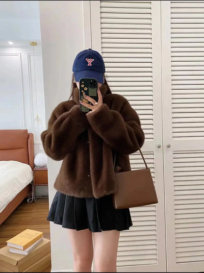 Golden Mink Lined Faux Fur Coat – Short Stand Collar Winter Jacket
