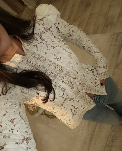 Fashion Commute Top – Hollow Out Lace See-Through Shirt